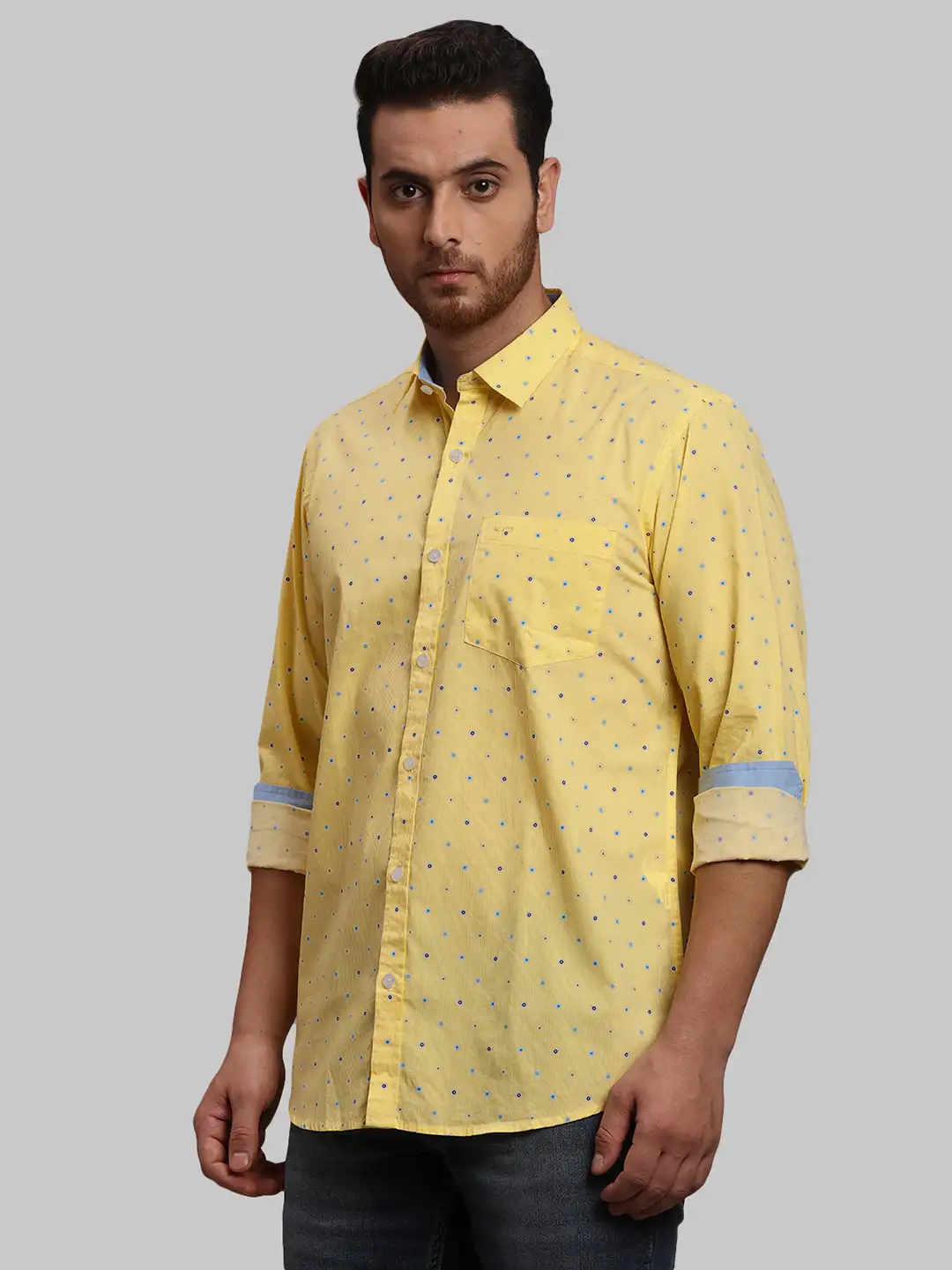 Men Yellow Tailored Fit Print Cotton Full Sleeve Shirts - Image 3