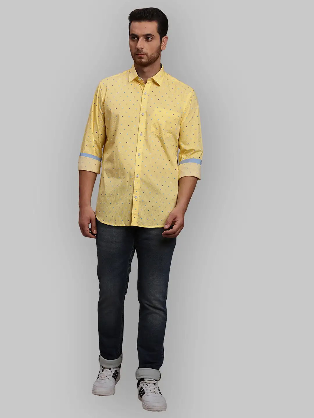 Men Yellow Tailored Fit Print Cotton Full Sleeve Shirts - Image 5