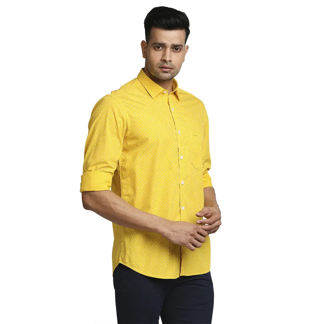 Men Yellow Tailored Fit Print Cotton Full Sleeve Shirts - Image 2