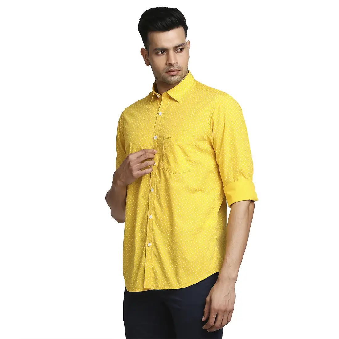 Men Yellow Tailored Fit Print Cotton Full Sleeve Shirts - Image 3