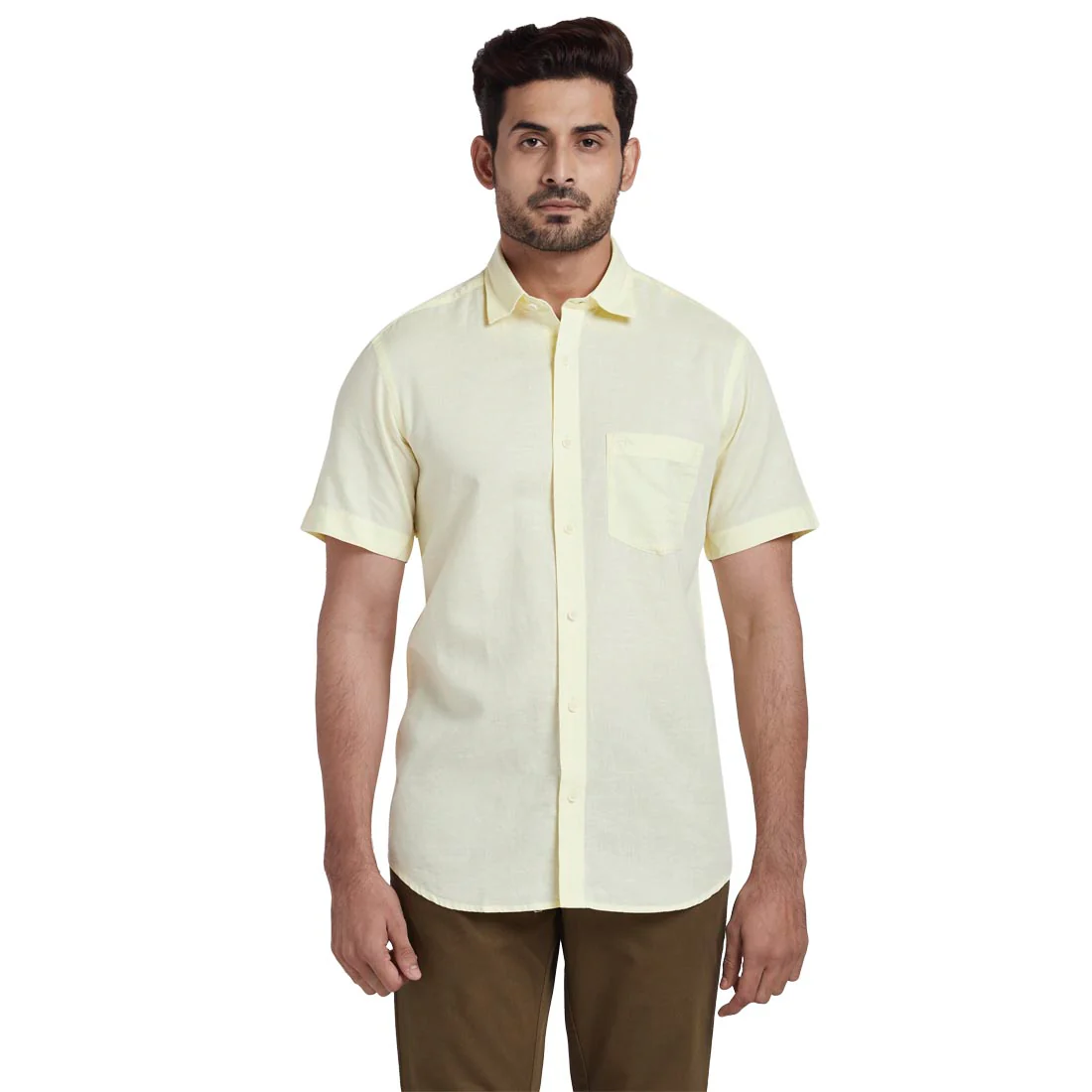 Men Yellow Tailored Fit Solid Cotton Blend Half Sleeve Shirts