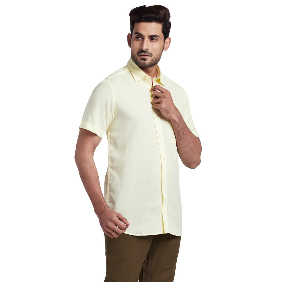 Men Yellow Tailored Fit Solid Cotton Blend Half Sleeve Shirts - Image 2