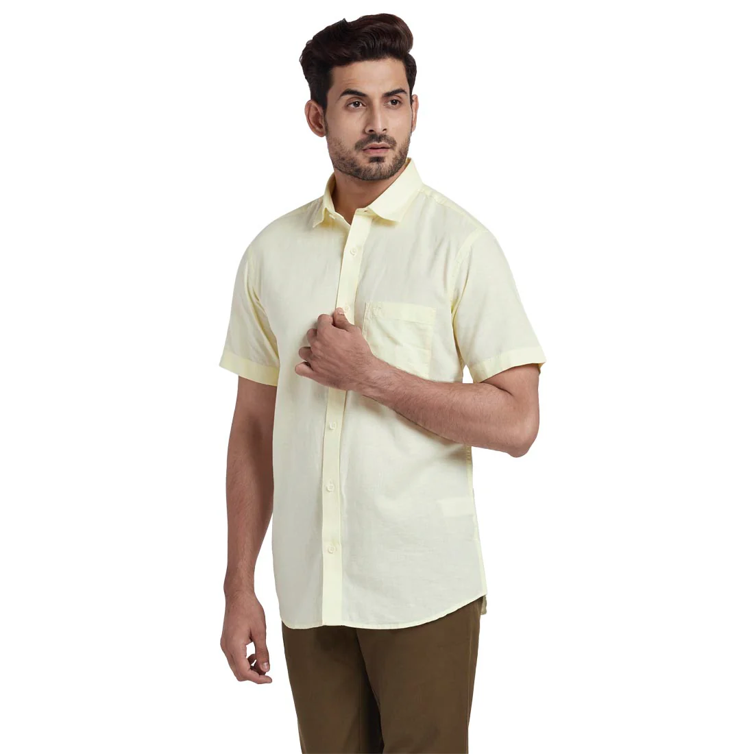 Men Yellow Tailored Fit Solid Cotton Blend Half Sleeve Shirts - Image 3