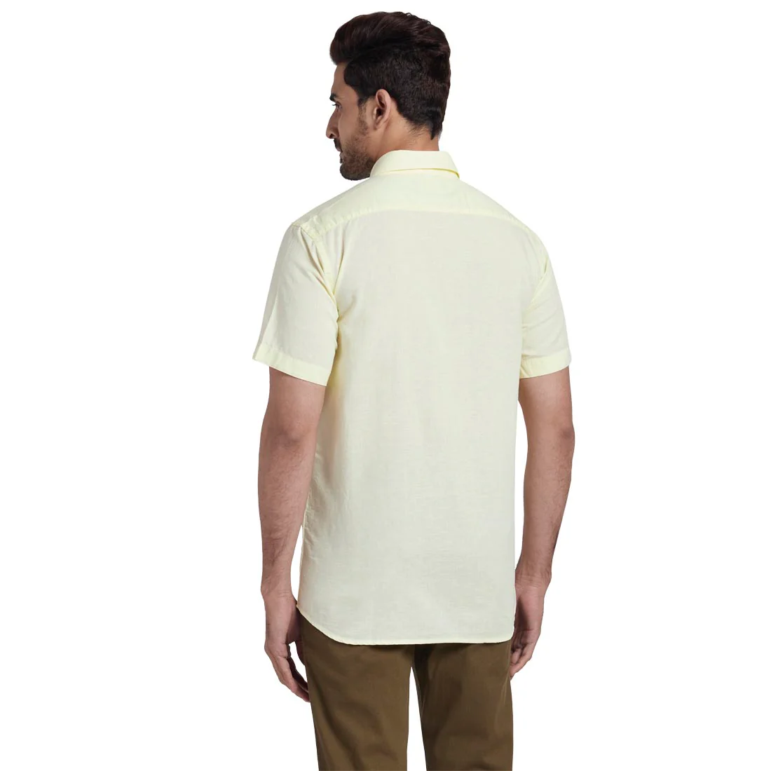 Men Yellow Tailored Fit Solid Cotton Blend Half Sleeve Shirts - Image 4