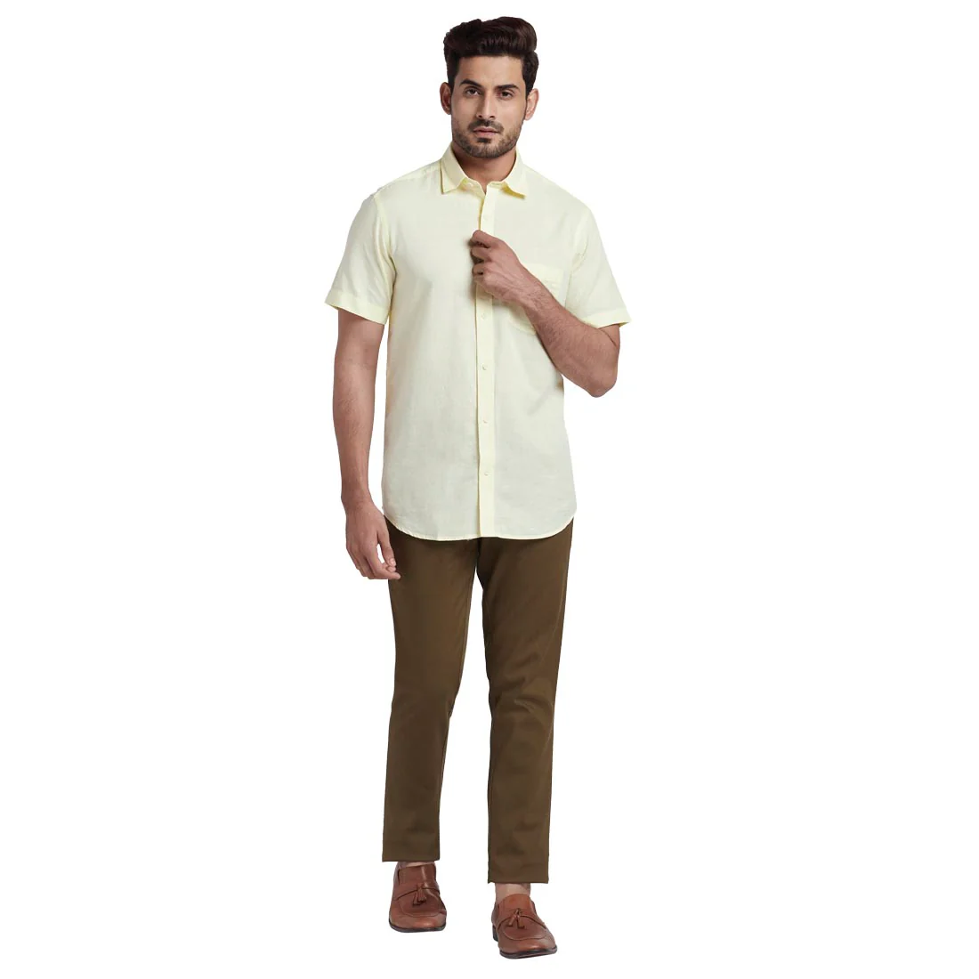 Men Yellow Tailored Fit Solid Cotton Blend Half Sleeve Shirts - Image 5