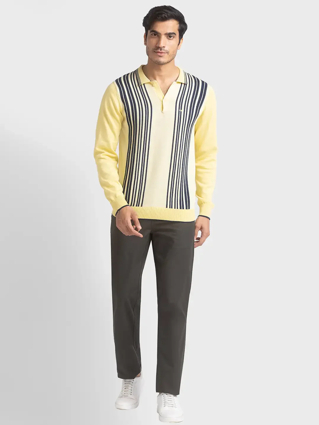 Men Yellow Tailored Fit Solid Cotton Full Sleeve T-Shirt - Image 5