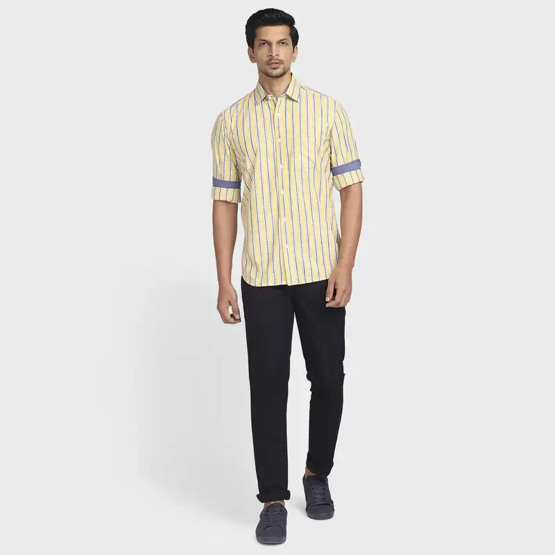 Men Yellow Tailored Fit Stripe Cotton Full Sleeve Shirts - Image 5