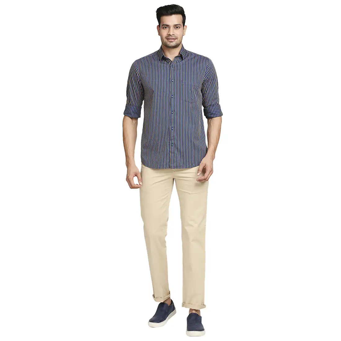 Men Yellow Tailored Fit Stripe Cotton Full Sleeve Shirts - Image 5