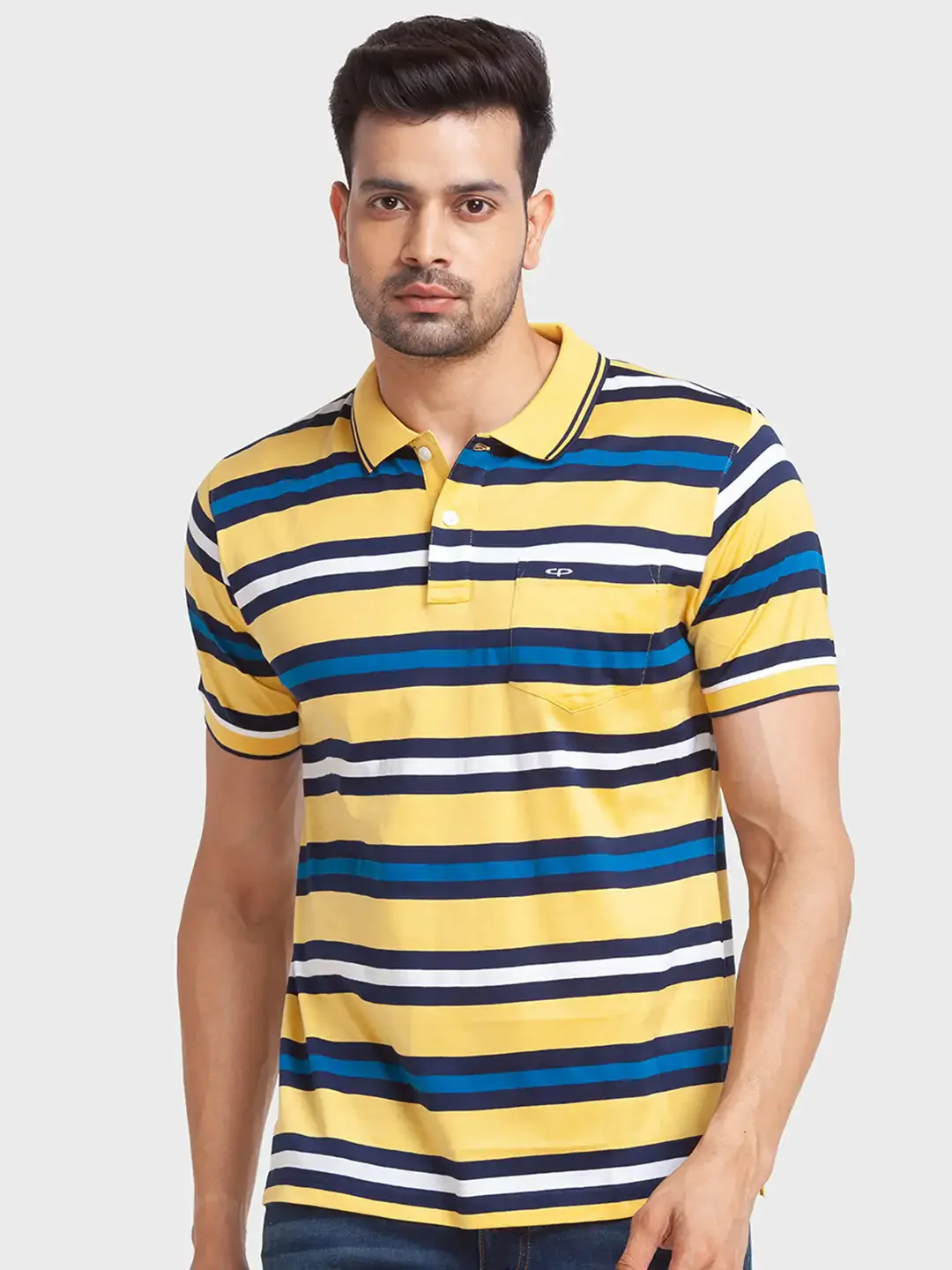 Men Yellow Tailored Fit Stripe Cotton Half Sleeve T-Shirt