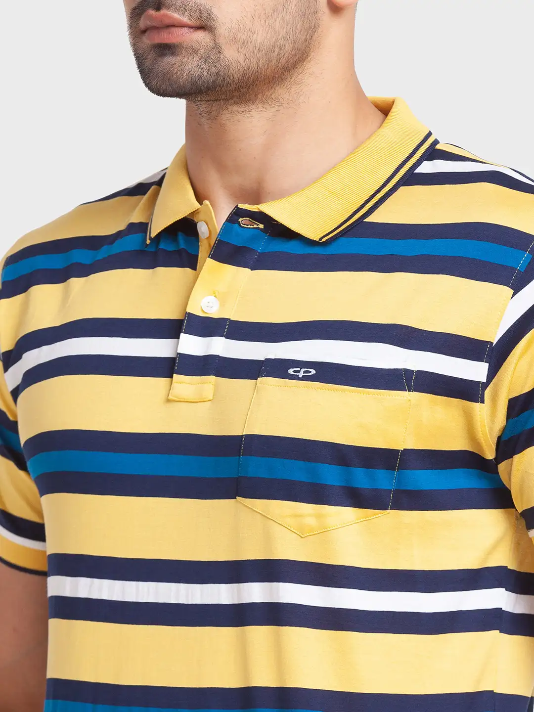 Men Yellow Tailored Fit Stripe Cotton Half Sleeve T-Shirt - Image 6