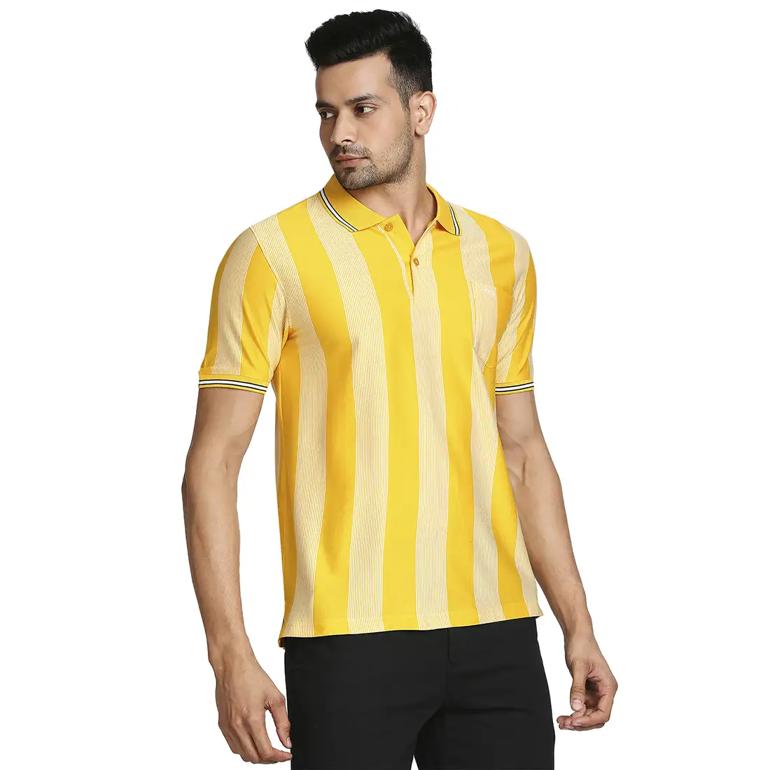 Men Yellow Tailored Fit Stripe Cotton Half Sleeve T-Shirt - Image 2