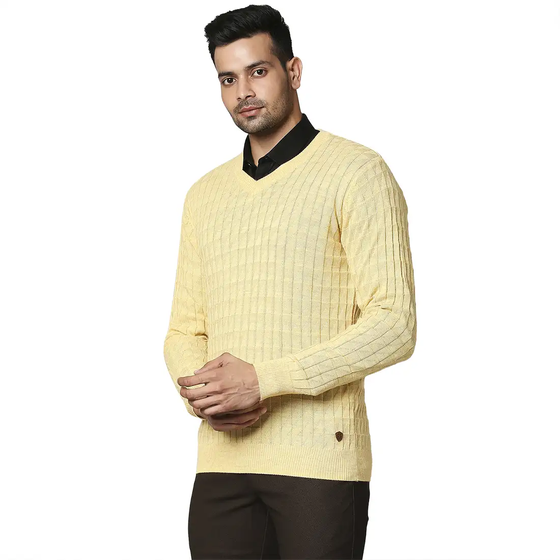 Men Yellow Wrapper Wool Blend Full Sleeve V Neck Collar Sweaters - Image 3