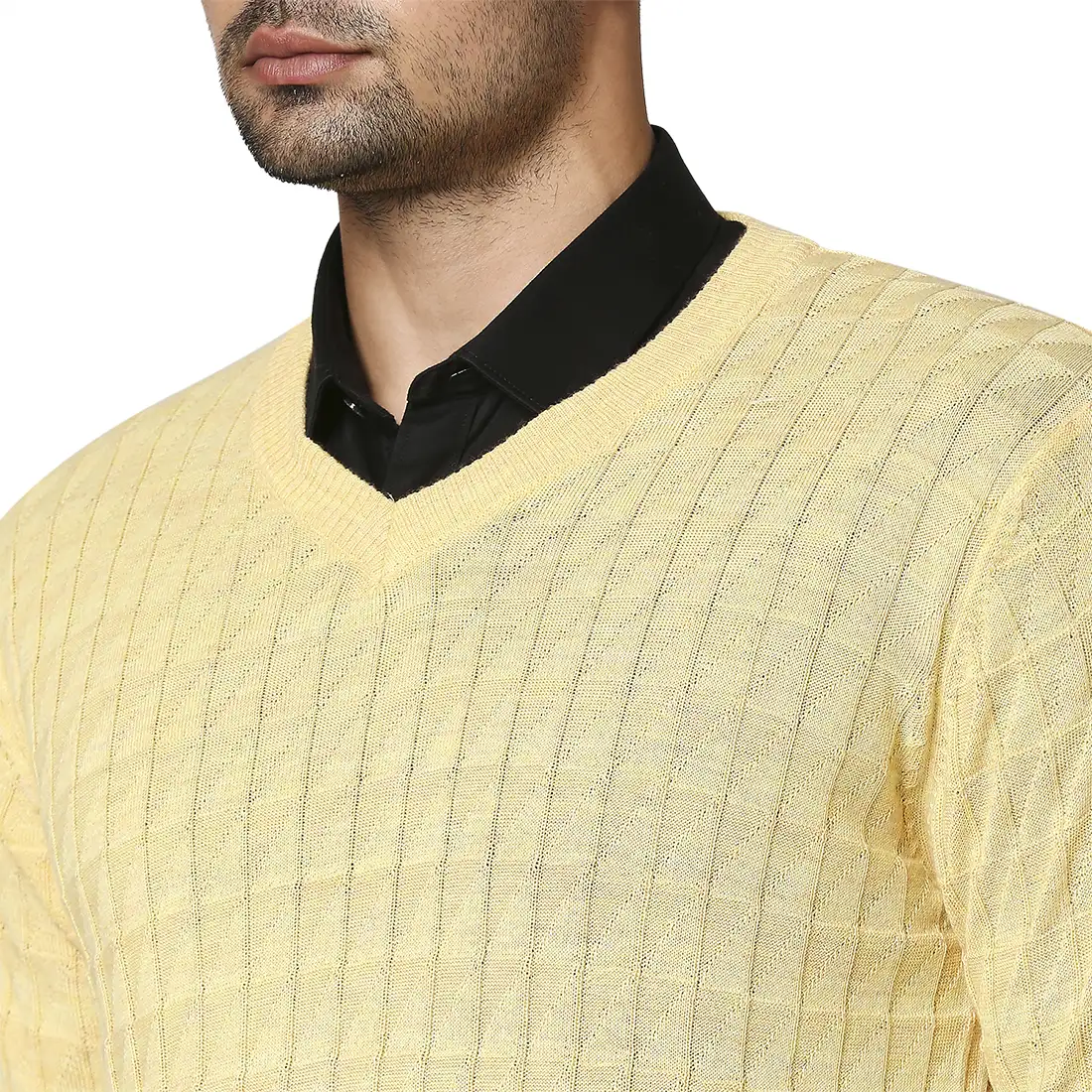 Men Yellow Wrapper Wool Blend Full Sleeve V Neck Collar Sweaters - Image 6