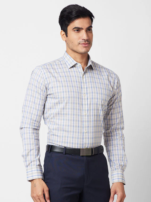 Park Avenue Beige Checks Slim Fit Cotton Formal Shirt - Image 2