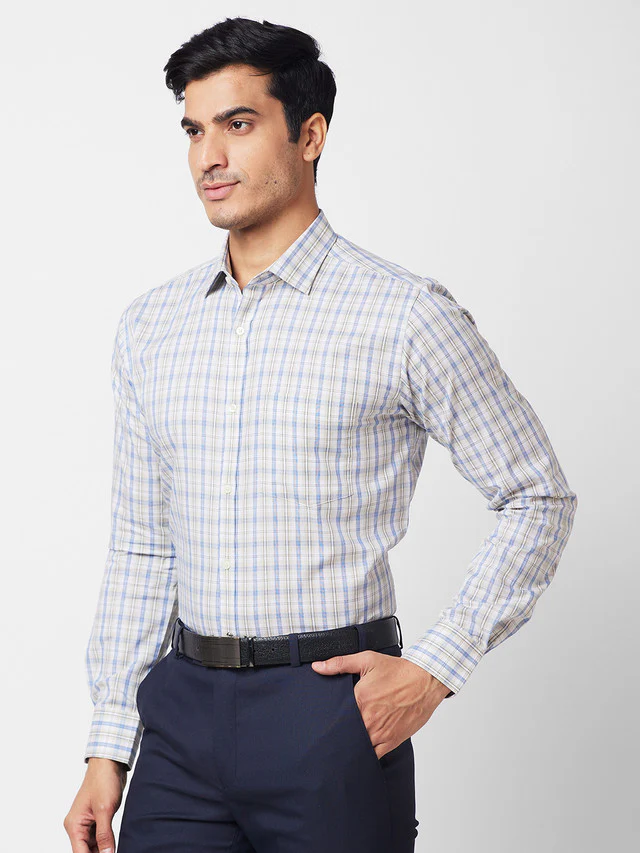 Park Avenue Beige Checks Slim Fit Cotton Formal Shirt - Image 3