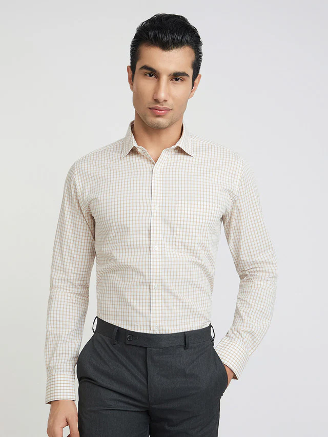 Park Avenue Men Brown Checks Slim Fit Cotton Formal Shirt