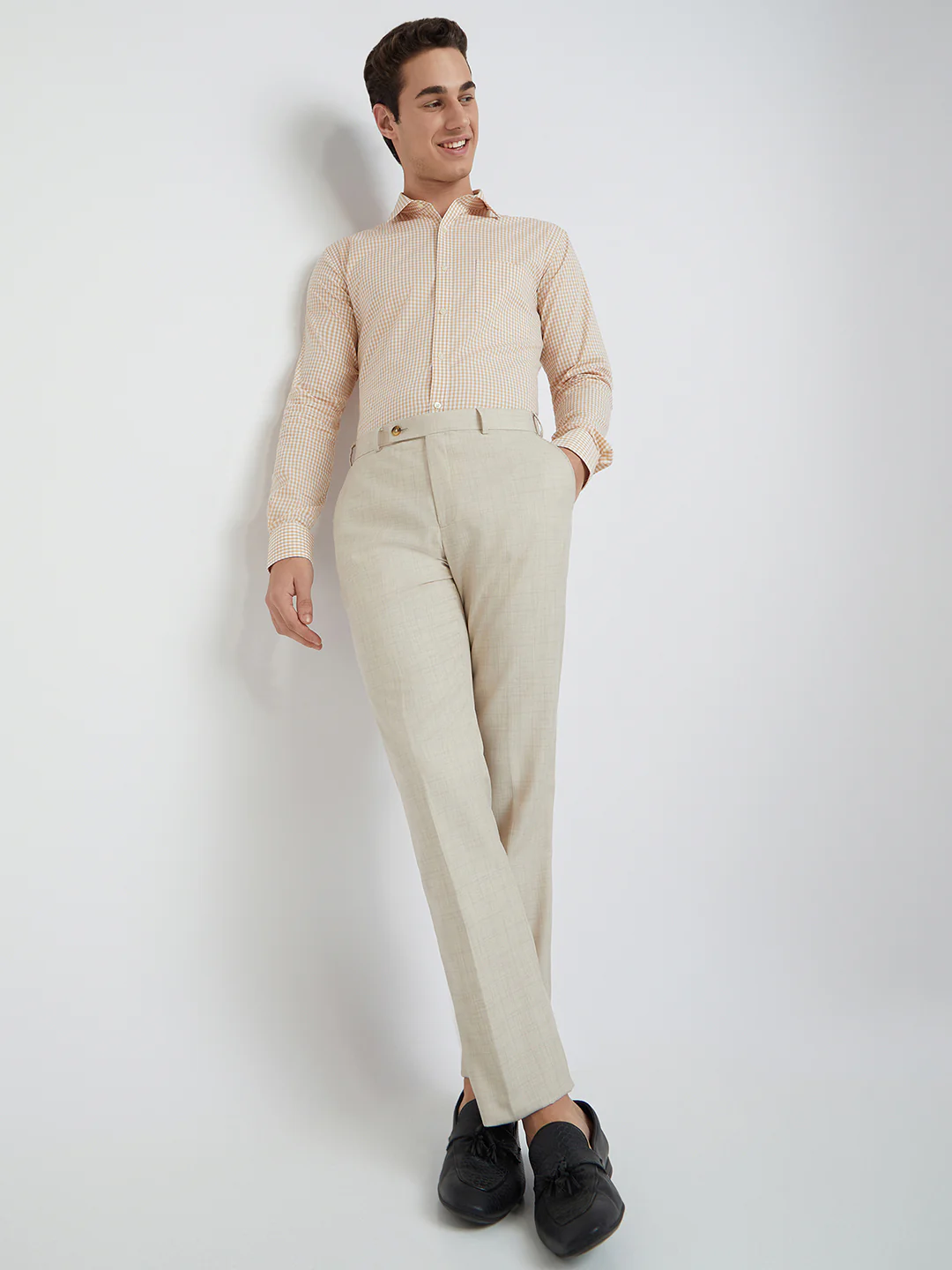 Park Avenue Beige Checks Smart Fit Polyester Blend Trouser - Image 5