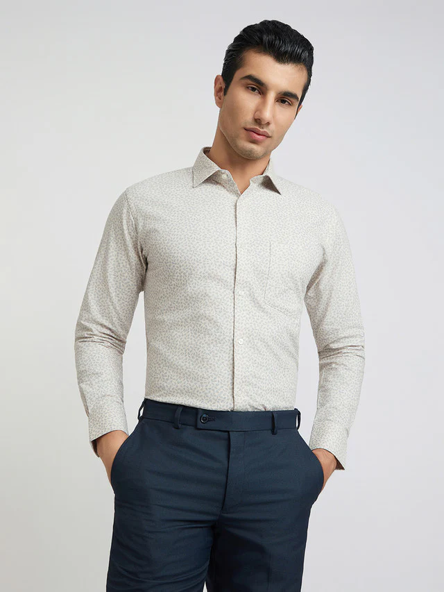 Park Avenue Beige Printed Slim Fit Cotton Formal Shirt