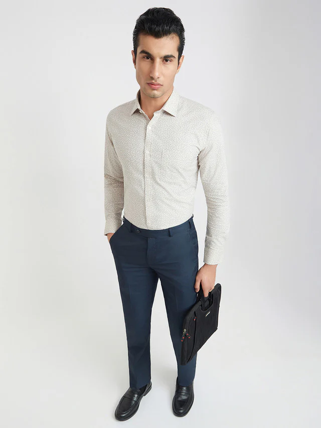 Park Avenue Beige Printed Slim Fit Cotton Formal Shirt - Image 5