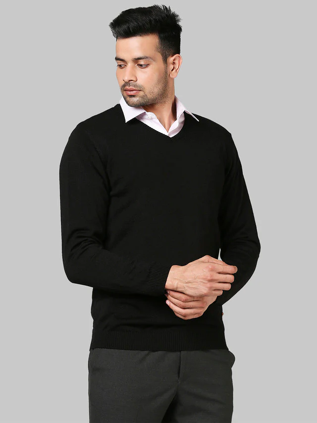 Park Avenue Black Solid Regular Fit Full Sleeve Acrylic Pullover - Image 2