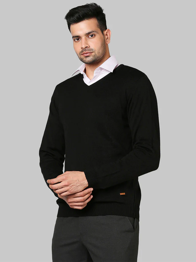 Park Avenue Black Solid Regular Fit Full Sleeve Acrylic Pullover - Image 3