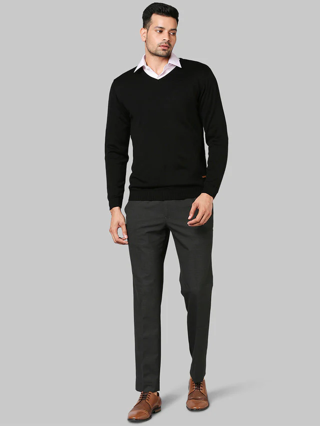 Park Avenue Black Solid Regular Fit Full Sleeve Acrylic Pullover - Image 5