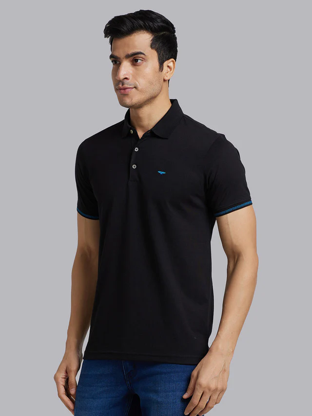 Park Avenue Black Solid Slim Fit Cotton Blend T-Shirt - Image 3