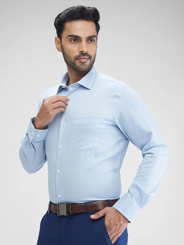 Park Avenue Blue Checks Regular Fit Cotton Formal Shirt - Image 3