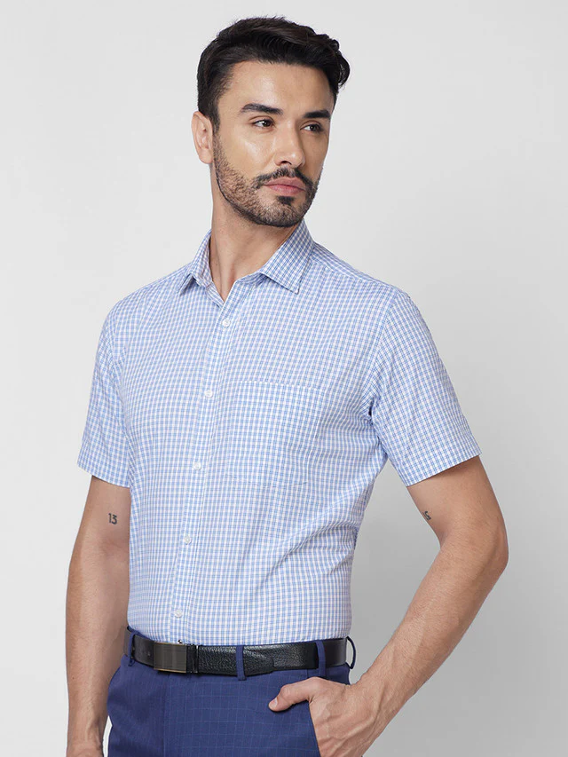 Park Avenue Blue Checks Regular Fit Cotton Formal Shirt - Image 3