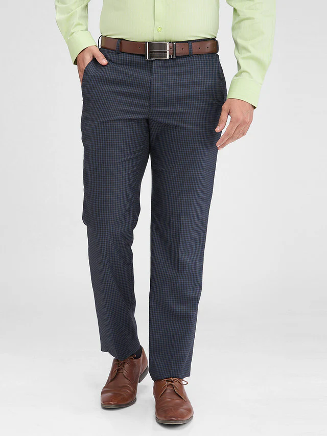 Park Avenue Blue Checks Regular Fit Polyester Blend Trouser
