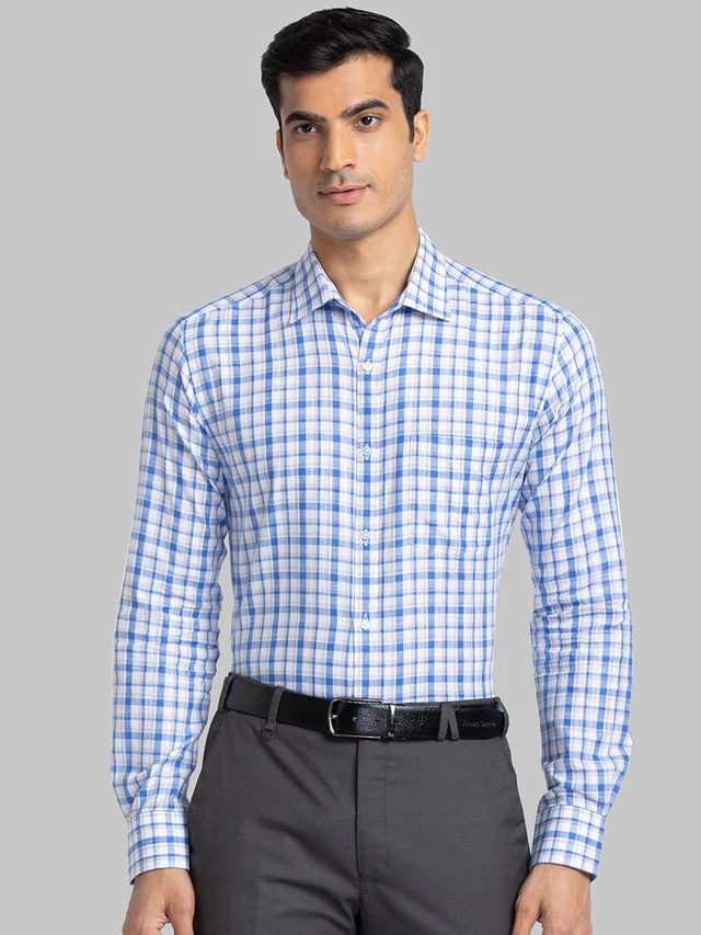 Park Avenue Blue Checks Slim Fit Cotton Blend Formal Shirt