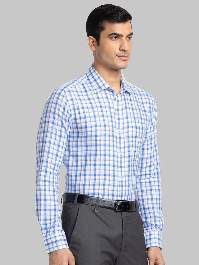 Park Avenue Blue Checks Slim Fit Cotton Blend Formal Shirt - Image 2