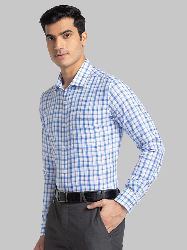 Park Avenue Blue Checks Slim Fit Cotton Blend Formal Shirt - Image 3