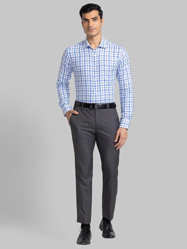 Park Avenue Blue Checks Slim Fit Cotton Blend Formal Shirt - Image 5