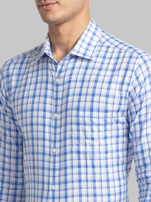 Park Avenue Blue Checks Slim Fit Cotton Blend Formal Shirt - Image 6