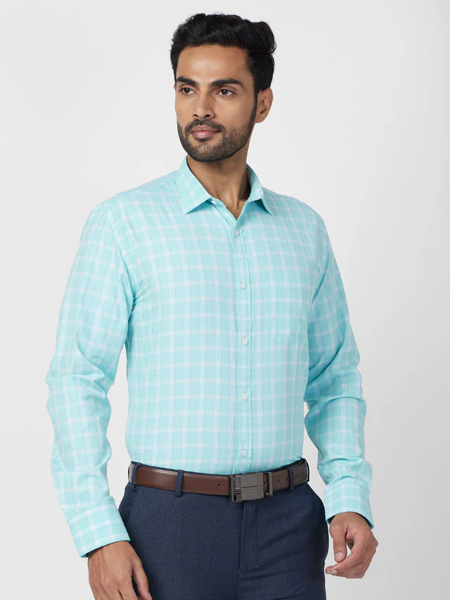 Park Avenue Blue Checks Slim Fit Cotton Blend Formal Shirt - Image 2