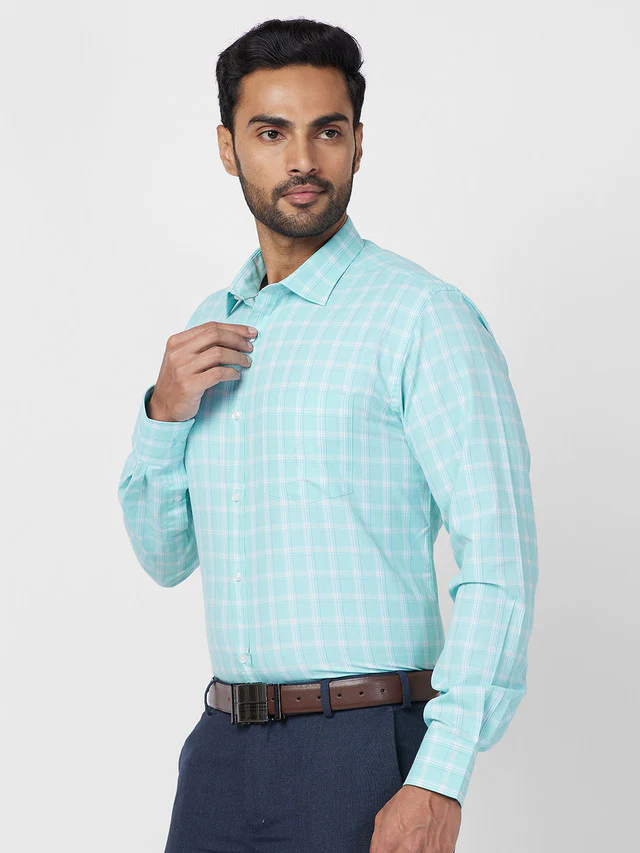 Park Avenue Blue Checks Slim Fit Cotton Blend Formal Shirt - Image 3