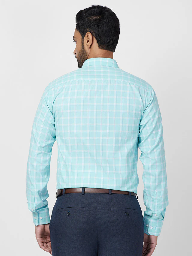 Park Avenue Blue Checks Slim Fit Cotton Blend Formal Shirt - Image 4