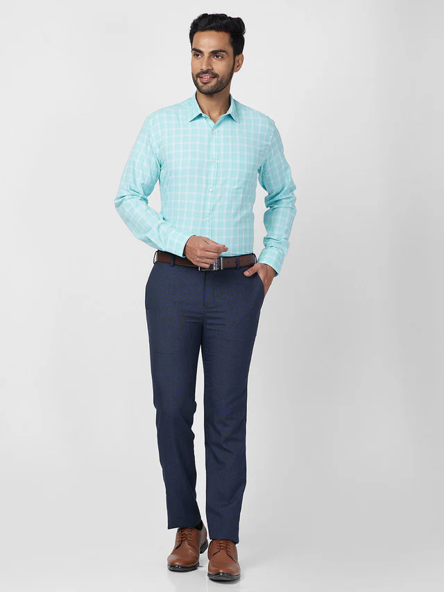 Park Avenue Blue Checks Slim Fit Cotton Blend Formal Shirt - Image 5