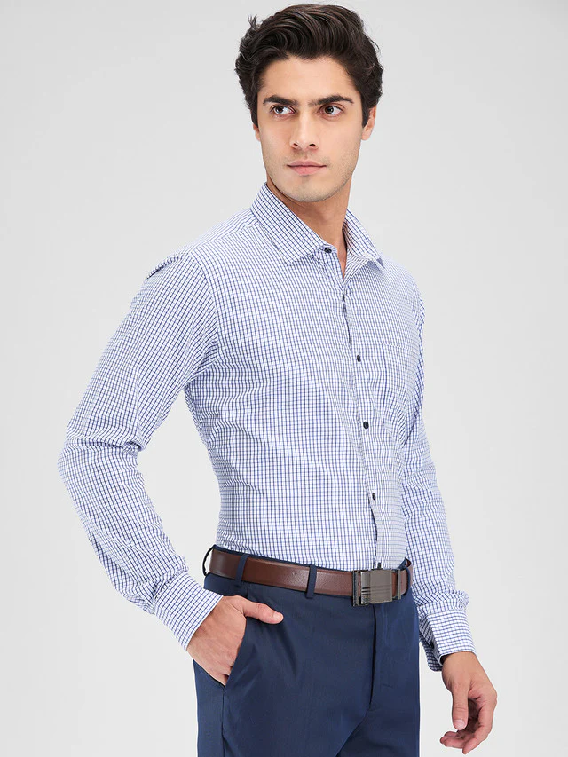 Park Avenue Blue Checks Slim Fit Cotton Blend Formal Shirt - Image 2