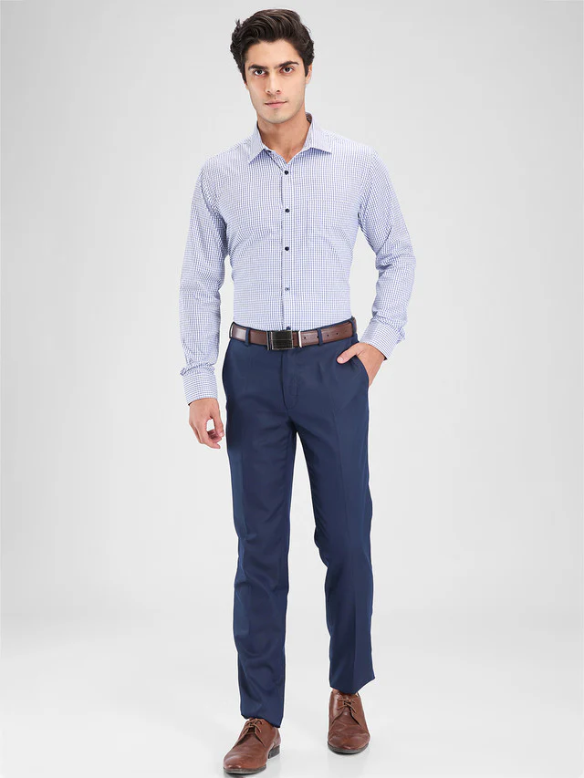 Park Avenue Blue Checks Slim Fit Cotton Blend Formal Shirt - Image 6