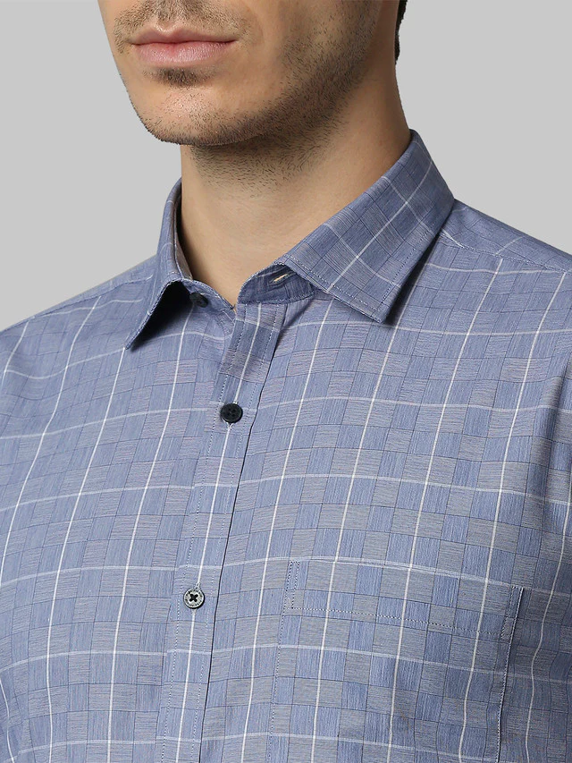 Park Avenue Blue Checks Slim Fit Cotton Formal Shirt - Image 6