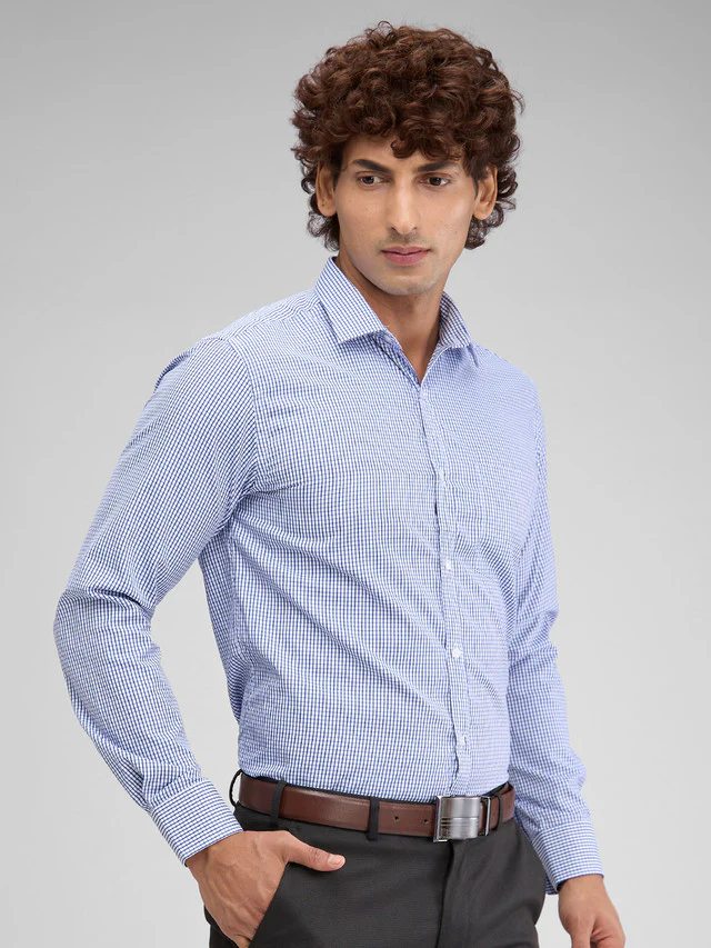 Park Avenue Blue Checks Slim Fit Full Sleeve Cotton Blend Shirt - Image 2