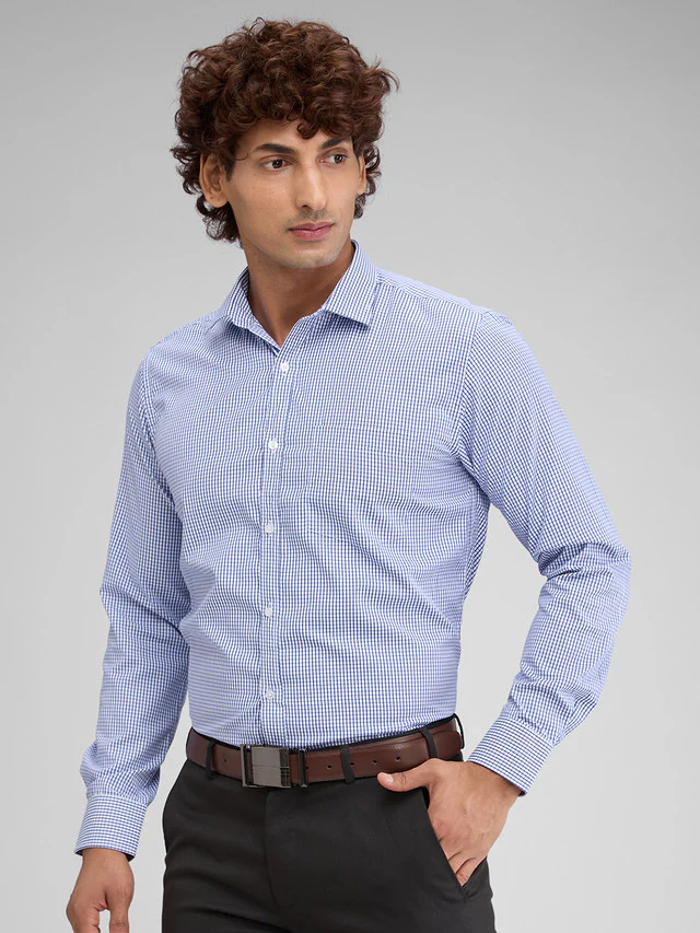 Park Avenue Blue Checks Slim Fit Full Sleeve Cotton Blend Shirt - Image 3