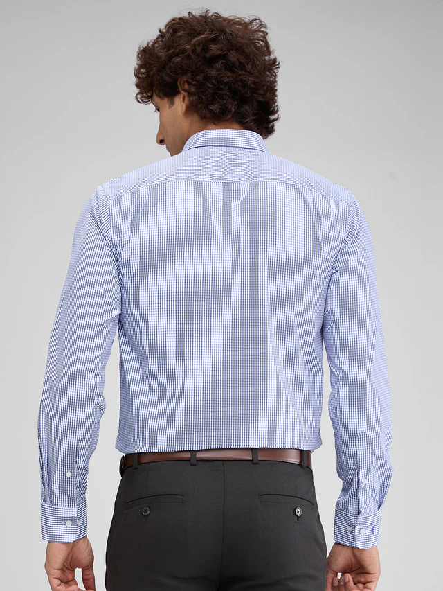 Park Avenue Blue Checks Slim Fit Full Sleeve Cotton Blend Shirt - Image 4