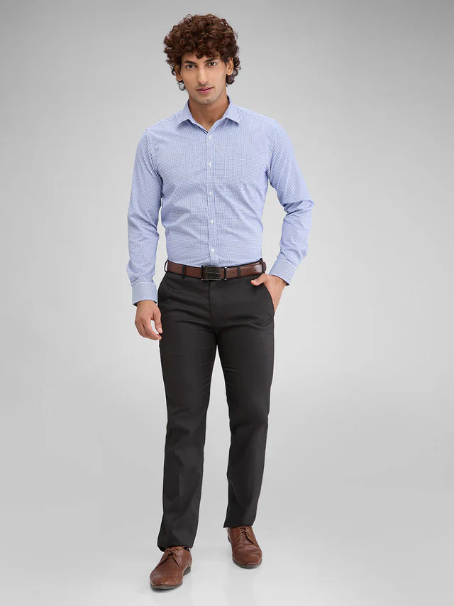 Park Avenue Blue Checks Slim Fit Full Sleeve Cotton Blend Shirt - Image 5