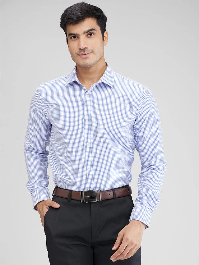 Park Avenue Blue Checks Slim Fit Full Sleeve Cotton Blend Shirt