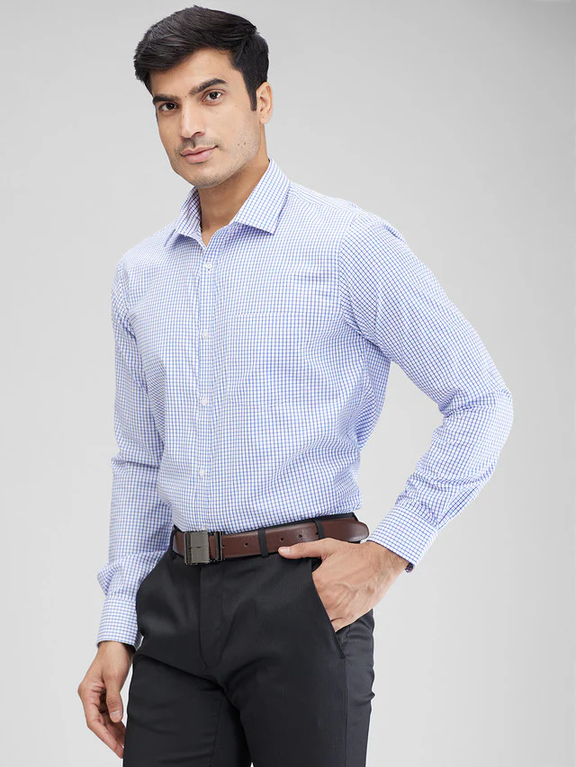Park Avenue Blue Checks Slim Fit Full Sleeve Cotton Blend Shirt - Image 3