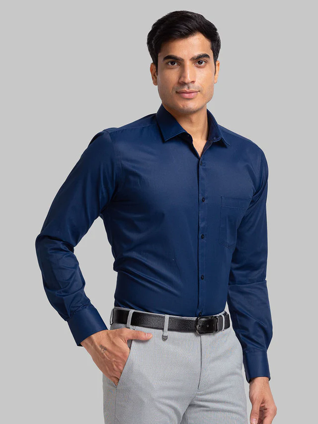 Park Avenue Blue Plain Slim Fit Cotton Blend Formal Shirt - Image 2