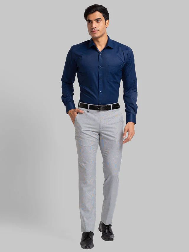 Park Avenue Blue Plain Slim Fit Cotton Blend Formal Shirt - Image 5